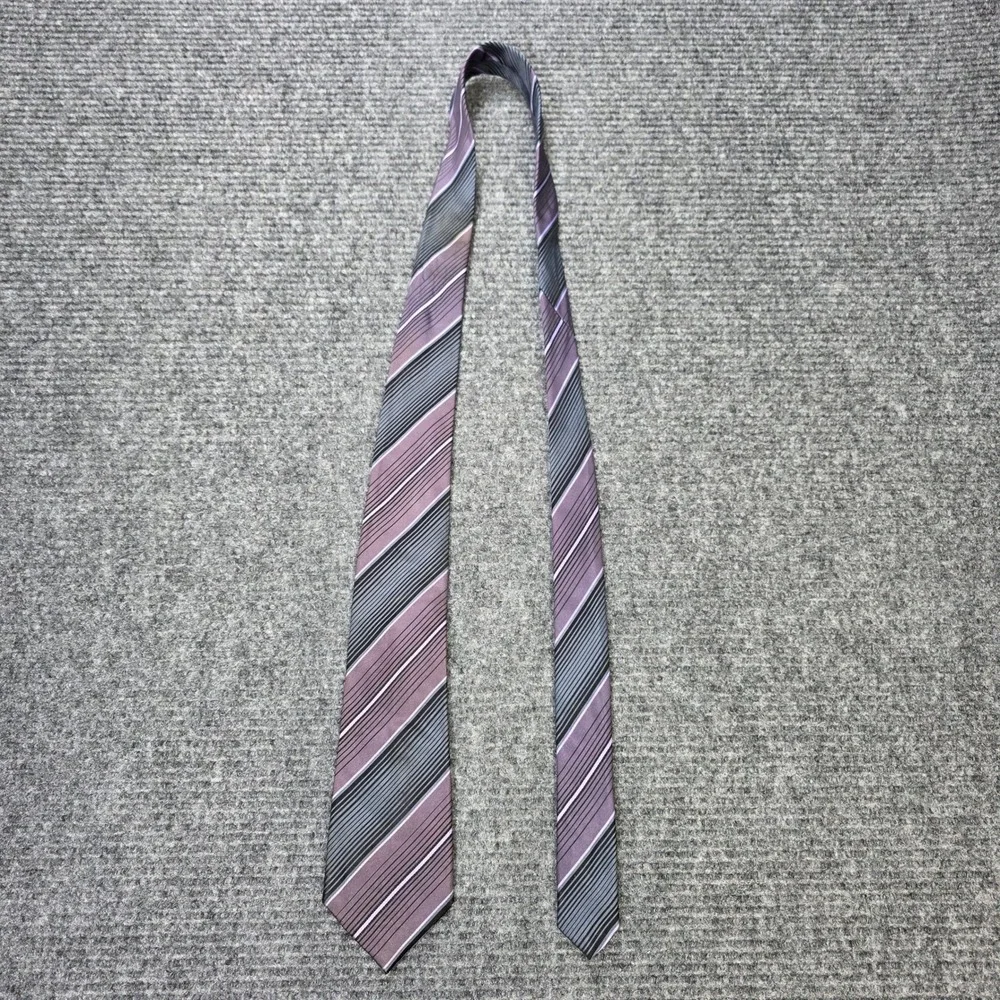 Umo Lorenzo Silk Necktie Men's Purple Grey Black Diagonal‎ Striped Hand Made